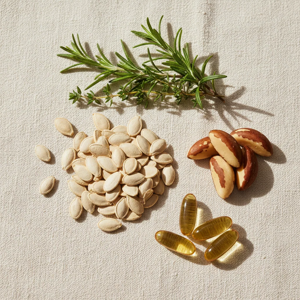 Naturlige ingredienser: græskar­frø, paranødder, E-vitamin­kapsler og urter på crème linned